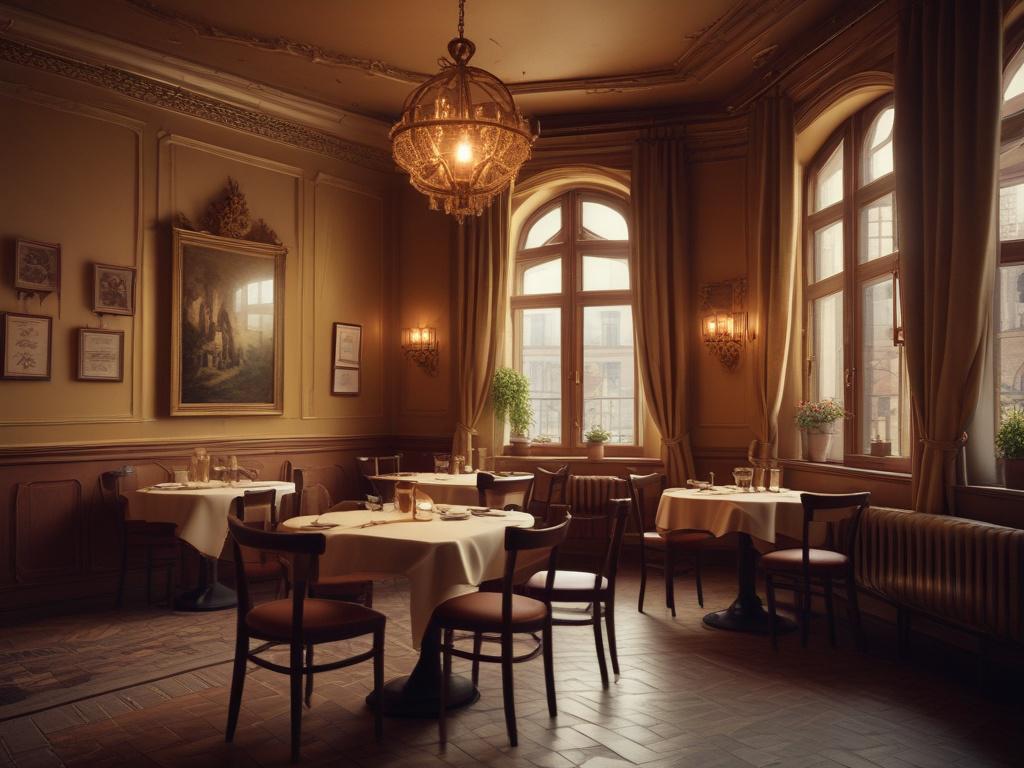 A cozy restaurant interior in Lviv, featuring warm golden hues