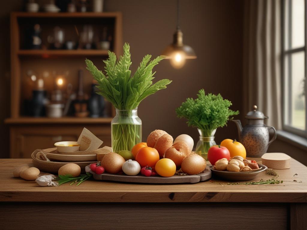 Create a realistic high-resolution image that captures the essence of Dutch cuisine, titled "De top 5 Nederlandse gerechten die je thuis moet proberen." The composition should feature a beautifully arranged wooden dining table as the backdrop, showcasing a single, large, rustic serving platter at the center. On the platter, display an enticing assortment of five iconic Dutch dishes: a portion of rich, creamy stamppot with green kale, a serving of traditional herring topped with fresh onions, a slice of spic