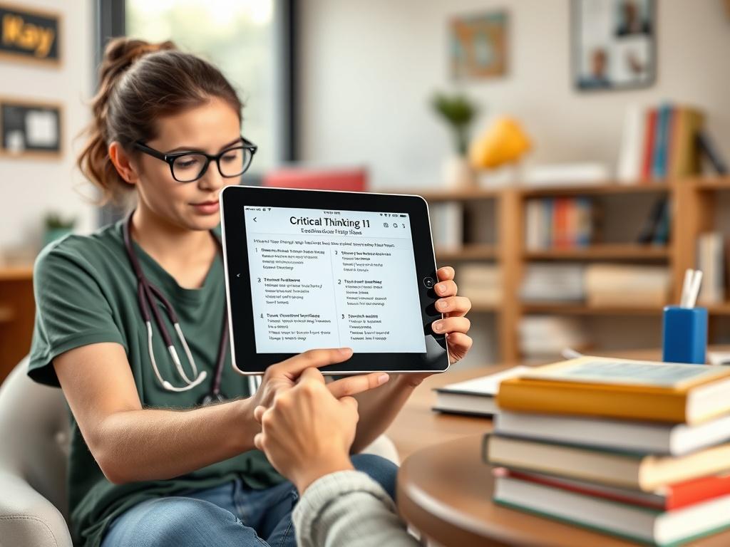 A hyper-realistic image of a student engaging with a digital tablet displaying critical thinking exercises for NCLEX. The setting is bright and inviting, with books and study materials around, symbolizing an active learning environment.