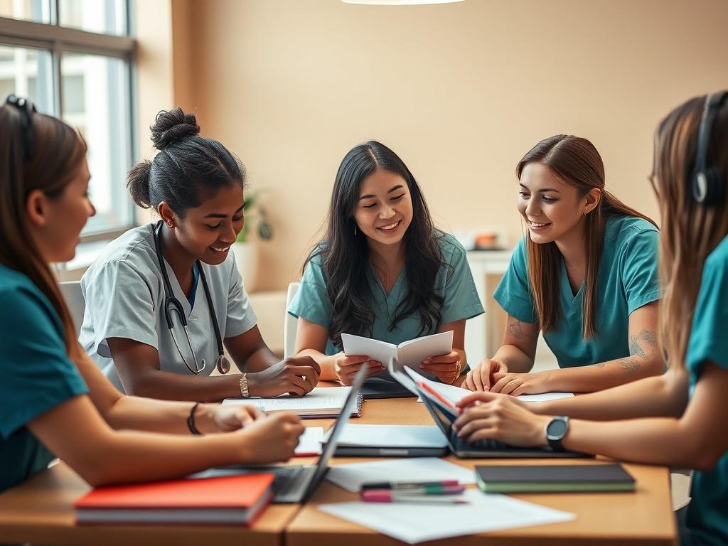 A close-up shot of a group of nursing students gathered around a table, actively discussing study materials and engaging in a lively study session. The ambiance should be bright and inviting, with colorful study materials and laptops. The focus should be on the students' expressions of collaboration and support, with a background that subtly incorporates the primary color rgb(2, 86, 197).