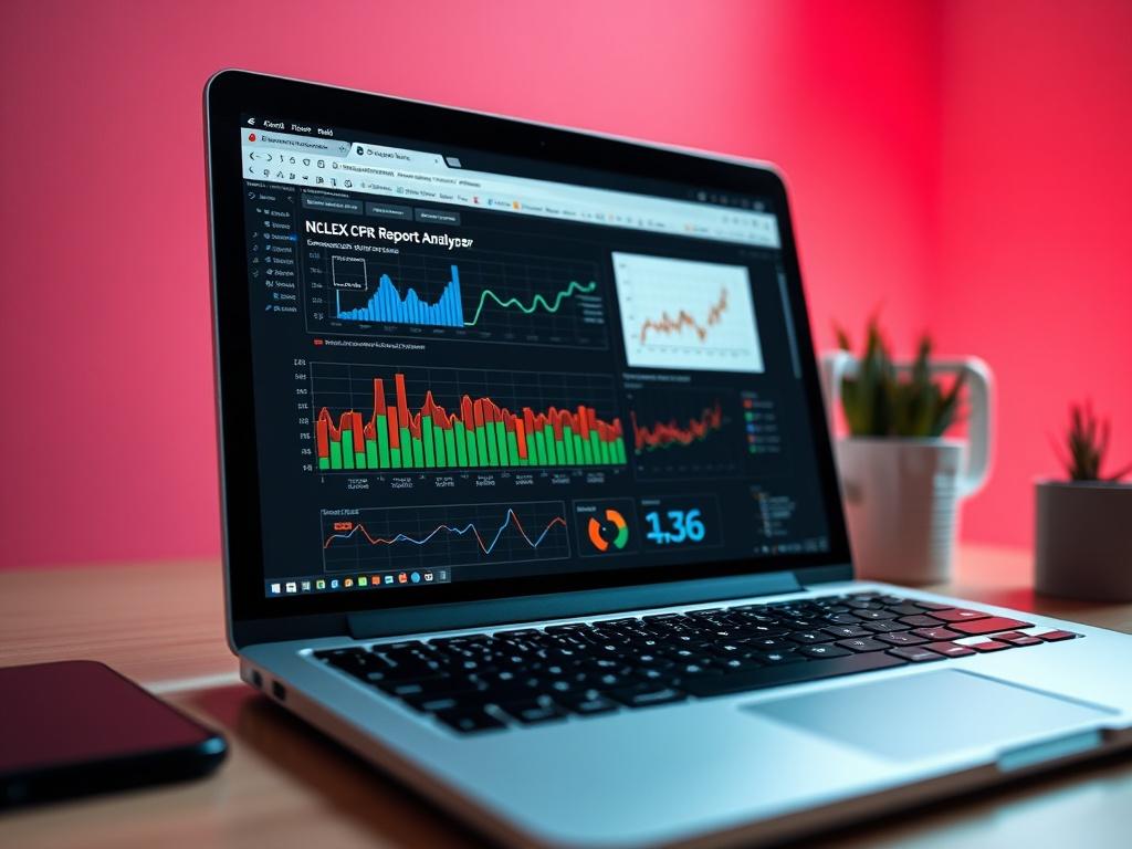A close-up shot of a laptop screen displaying the NCLEX CPR Report Analyzer interface, with a focus on graphs and data analysis. The scene should convey a sense of technology and innovation in nursing education, with a background that subtly incorporates the primary color rgb(2, 86, 197), creating an atmosphere of progress and preparation.