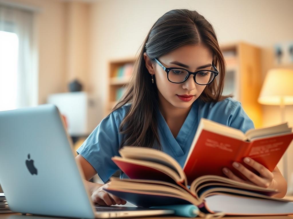A close-up shot of a nursing student studying with textbooks and a laptop, looking focused and engaged. The background should be softly blurred, emphasizing the student with a warm light, creating an inspiring study environment. The colors should harmonize with the primary color rgb(2, 86, 197), providing a sense of calm and concentration.