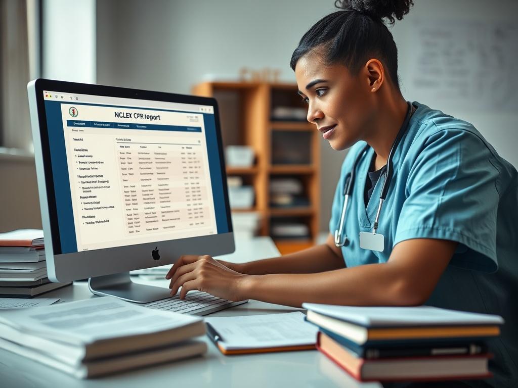 A high-resolution image of a student analyzing an NCLEX CPR report on a computer, surrounded by study materials like notes and textbooks. The setting is bright and focused, reflecting a study environment.