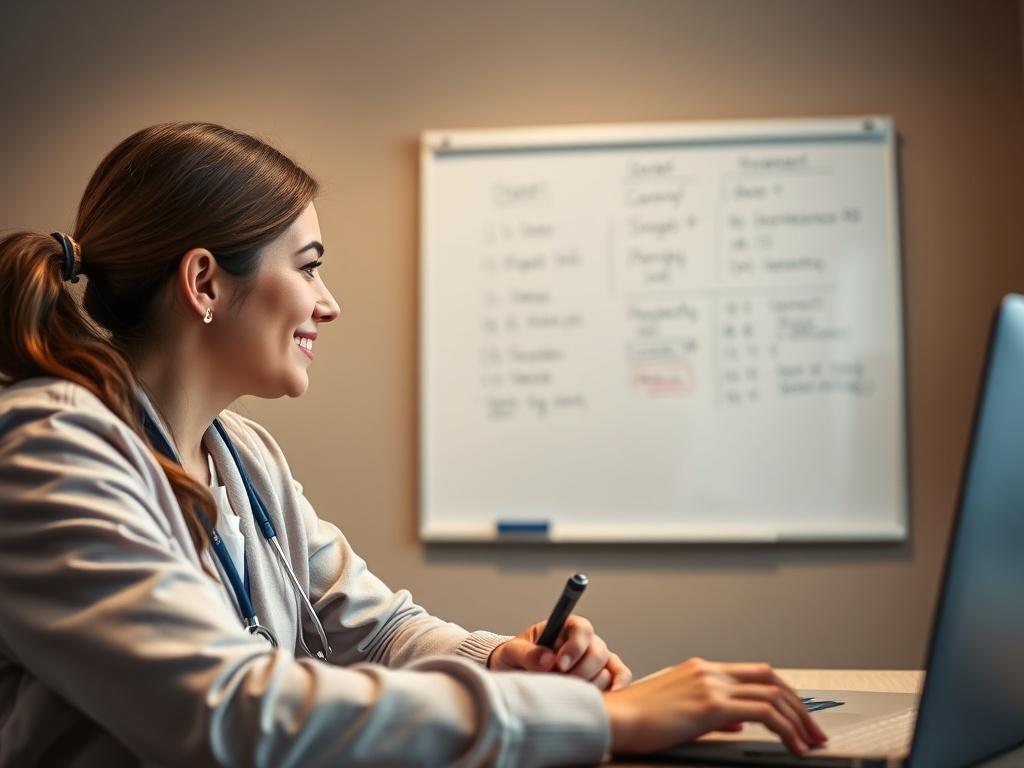 A high-resolution image of a tutor and student in a virtual session, engaged in an NCLEX study discussion with a whiteboard in the background. The atmosphere is warm and collaborative, showcasing a supportive learning environment.