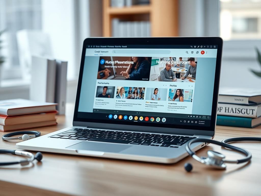 A high-resolution image of a laptop open to a Google Classroom interface, featuring nursing presentations and coursework. The background is a soft, blurred study space with nursing textbooks and a stethoscope, creating an academic atmosphere.