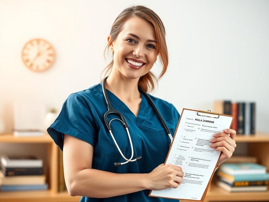 A close-up shot of a professional, approachable Registered Nurse tutor, Kayla Downing, standing confidently with a warm smile. She is wearing scrubs and a stethoscope around her neck, holding a clipboard with NCLEX-style questions. The background features soft, bright, natural tones, with elements like books and nursing tools subtly placed around her, emphasizing her role in nursing education. The overall atmosphere conveys professionalism and a supportive learning environment.