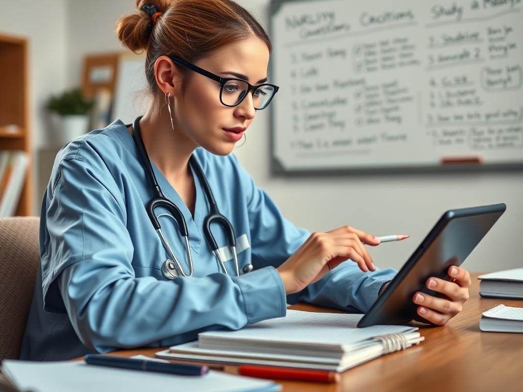 A focused nursing student practicing NCLEX style questions on a