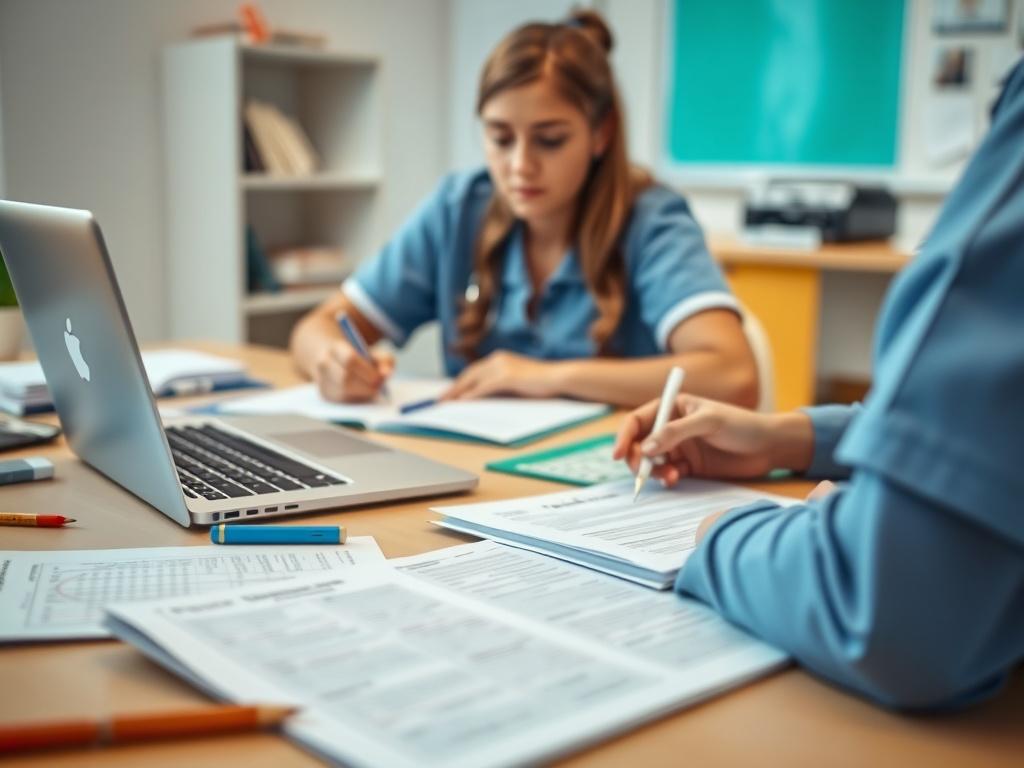 A focused close up shot of a nursing student studying