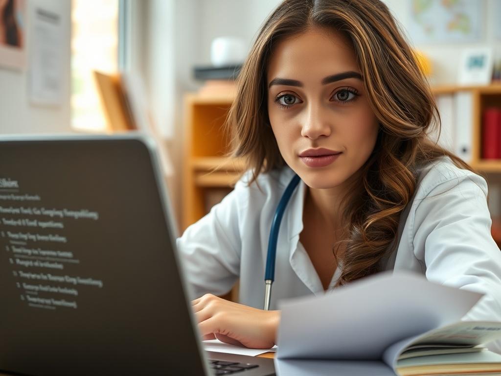 A detailed close up of a nursing student with a