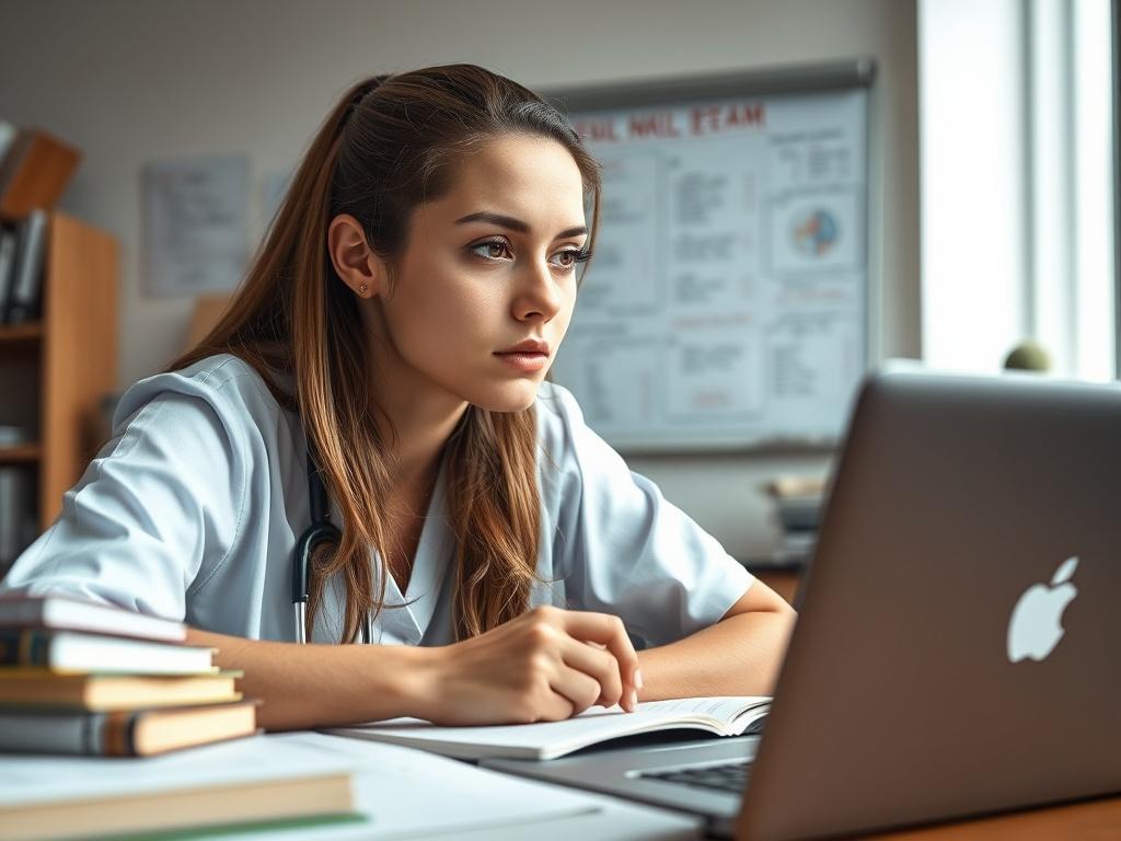 A close up shot of a focused nursing student studying