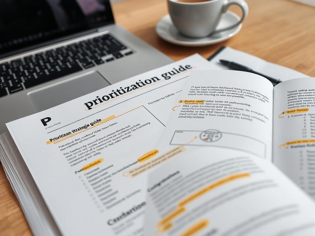 A close-up shot of a prioritization strategies guide, prominently displaying highlighted text and annotations, set on a desk with a laptop and coffee cup, creating a study-friendly atmosphere.