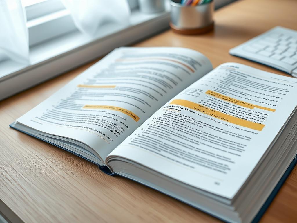 A realistic high-resolution close-up shot of an open NCLEX prep guide, showcasing highlighted sections and notes, on a clean wooden desk with a soft light illuminating the pages, emphasizing clarity and focus.