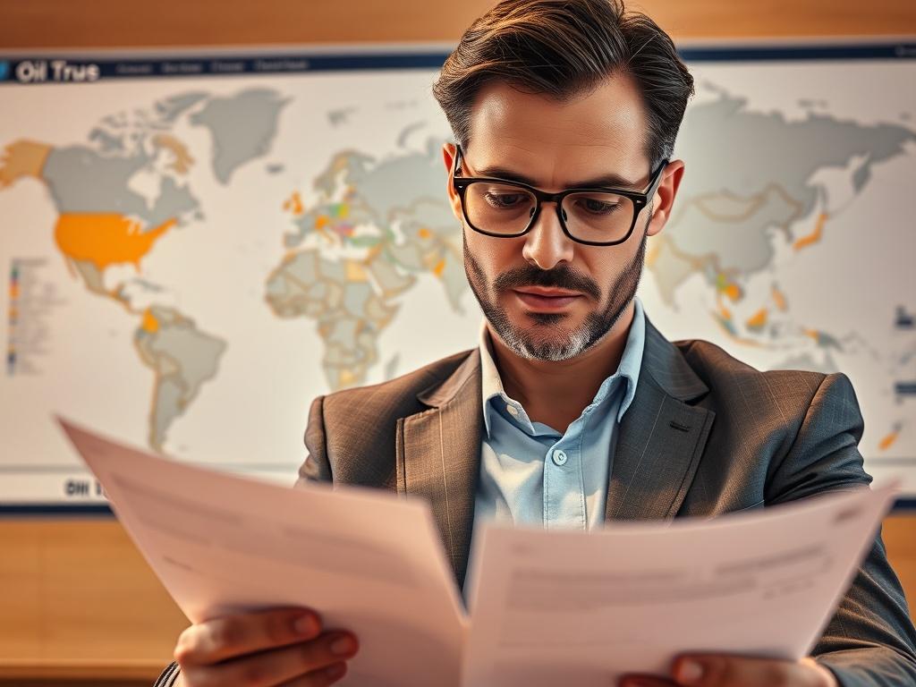 A hyper-realistic close-up shot of an oil broker in a professional setting, reviewing documents with global oil maps and charts in the background. The subject is focused and engaged, dressed in business attire, conveying a sense of trust and professionalism. The lighting is warm and inviting, with a focus on the details of the broker's expressions and the textures of the documents.