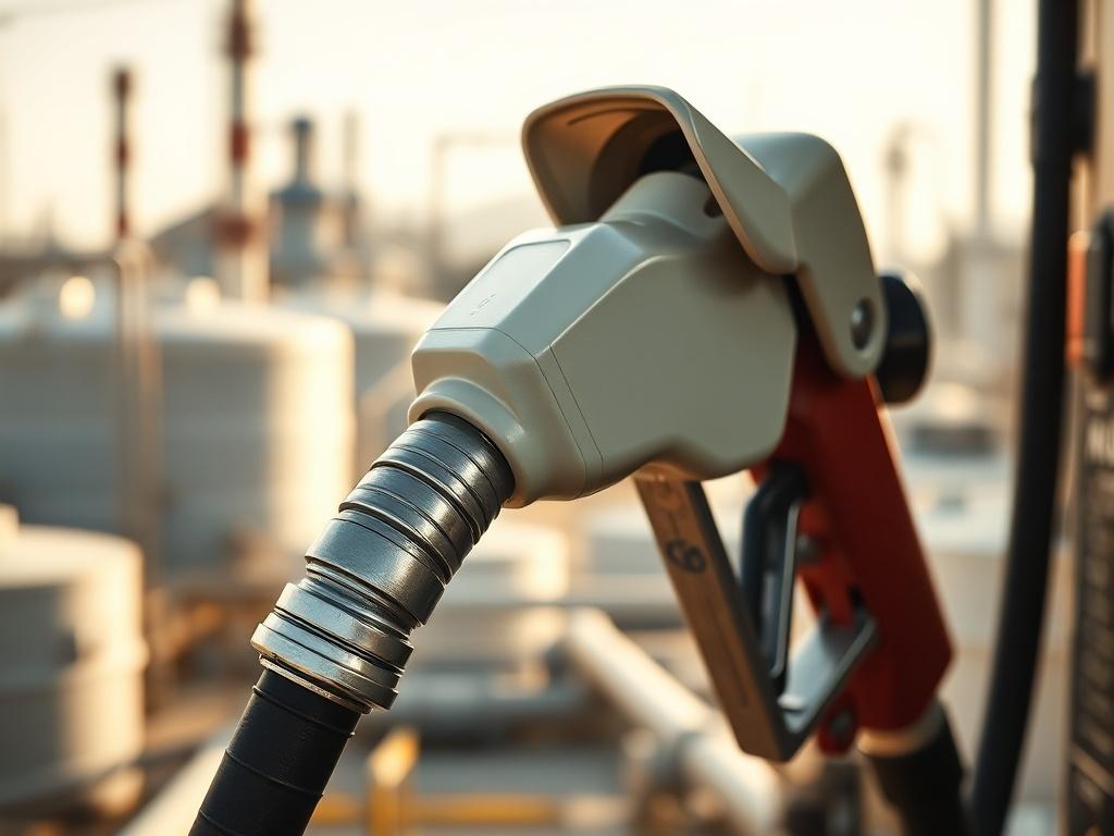 Create a realistic high-resolution photo focusing on a single subject: a clean, modern fuel pump nozzle specifically designed for EN590 Diesel. The nozzle should be shown in a close-up shot, with intricate details of its design, showcasing the durable materials and precise engineering that highlight its purpose in the oil industry. 

Background should feature a soft-focus view of an oil refinery, illustrating storage tanks and pipes, demonstrating its industrial context without detracting from the main subj