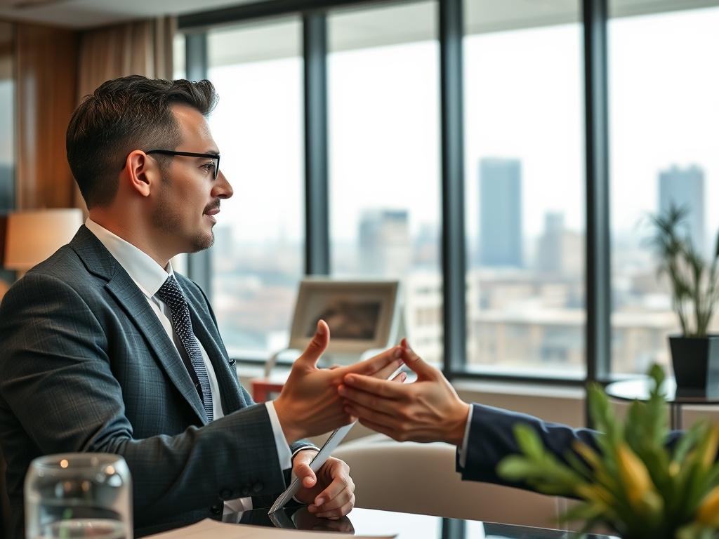 A close up shot of a professional oil broker discussing