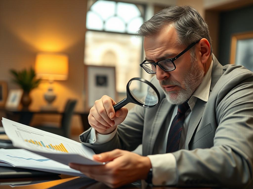 A high resolution image featuring a serious oil broker reviewing