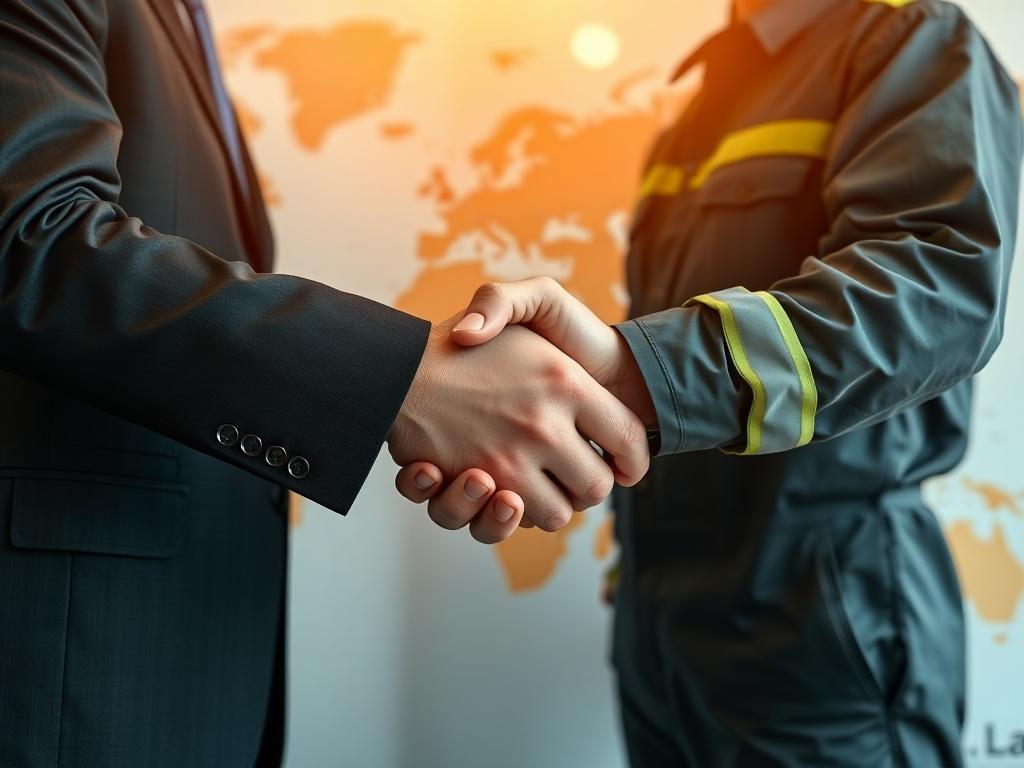 A close-up photograph of a handshake between two business professionals, one in a suit and the other in a work uniform, with a world map in the background. The image should capture the essence of global networking and collaboration in the oil trade industry. The lighting should be warm and inviting, symbolizing trust and partnership. This image represents CAransibia Energy Brokering's commitment to building strong business relationships.