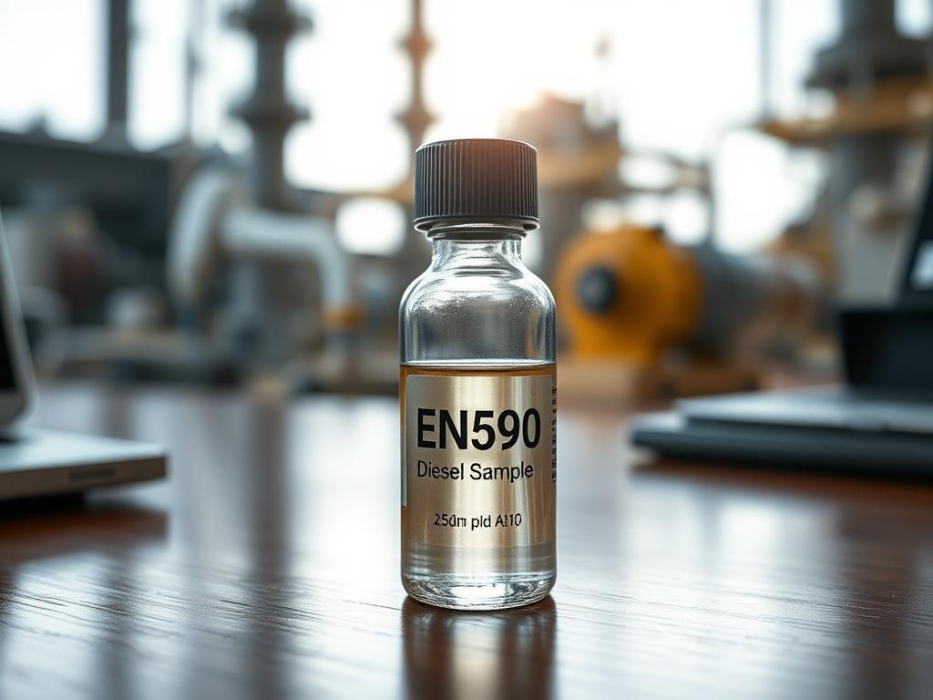A close-up shot of a high-quality EN590 diesel sample in a clear glass vial, placed on a polished wooden desk. Soft natural light illuminates the vial, highlighting the liquid's clarity and quality. In the background, blurred industrial refinery equipment can be seen, emphasizing the oil industry context. The image should convey professionalism and reliability, reflecting the stringent quality standards upheld by CAransibia Energy Brokering.