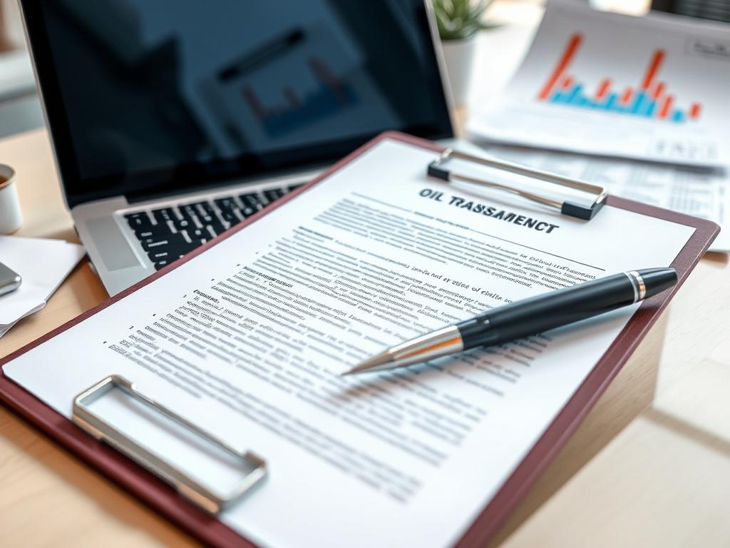 An image featuring a transparent clipboard displaying a detailed oil transaction agreement, with a pen resting on top. The clipboard is set against a backdrop of a modern office environment, with a laptop and oil industry reports visible in the background. The lighting should be bright and clear, emphasizing the importance of transparency in transactions. This image showcases CAransibia Energy Brokering's dedication to clear and honest dealings in the oil market.