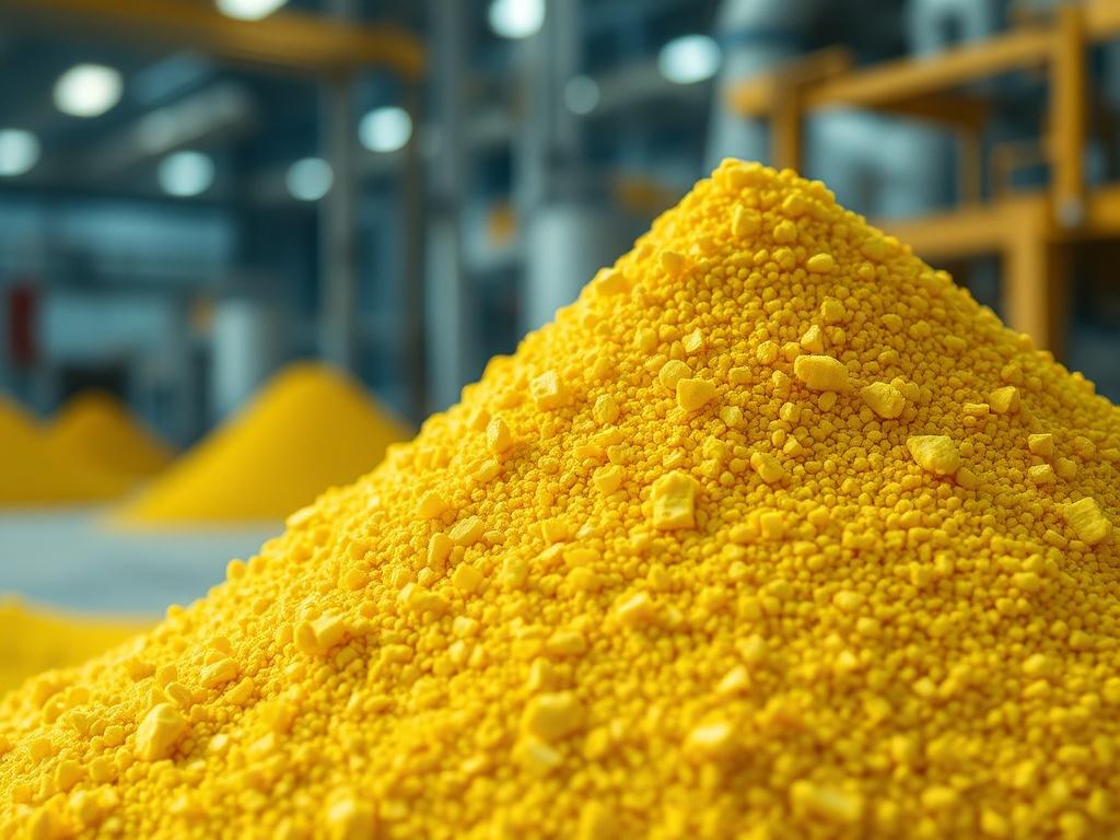 A close-up shot of a yellow sulphur granule pile, showcasing the bright color and texture with a soft-focus background of an industrial setting.