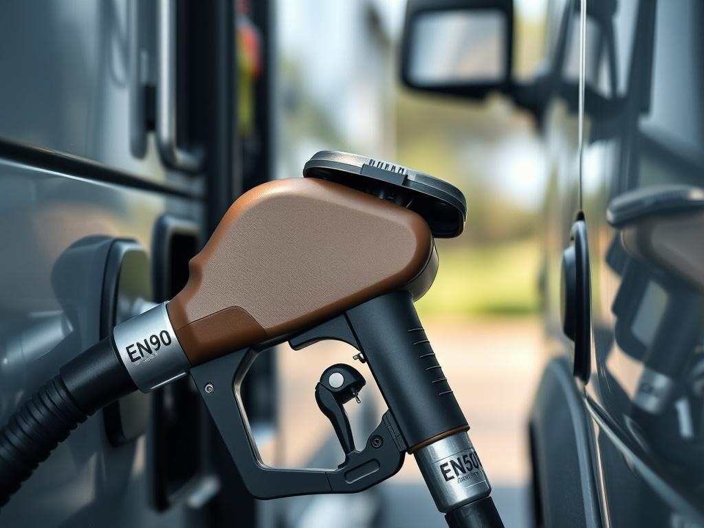 A close-up shot of a fuel pump dispensing clear EN590 Diesel into a modern diesel vehicle. The background should be blurred to focus on the pump and fuel, with natural lighting to create a clean and professional look.