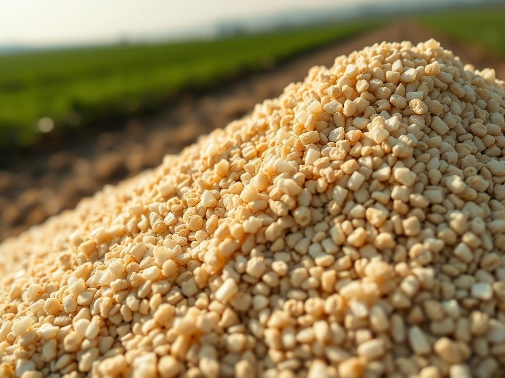 A close-up shot of urea fertilizer granules, highlighting their texture and size with a blurred agricultural field in the background.