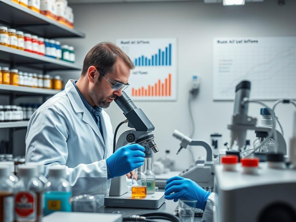 A high-resolution image of a laboratory setting where technicians are analyzing samples of A1 fuel. The technicians should be wearing lab coats and using sophisticated equipment to ensure quality standards. The background should feature shelves with fuel samples and charts displaying quality metrics. The image should convey a sense of diligence and commitment to safety in the oil industry, emphasizing the importance of quality assurance in every transaction.