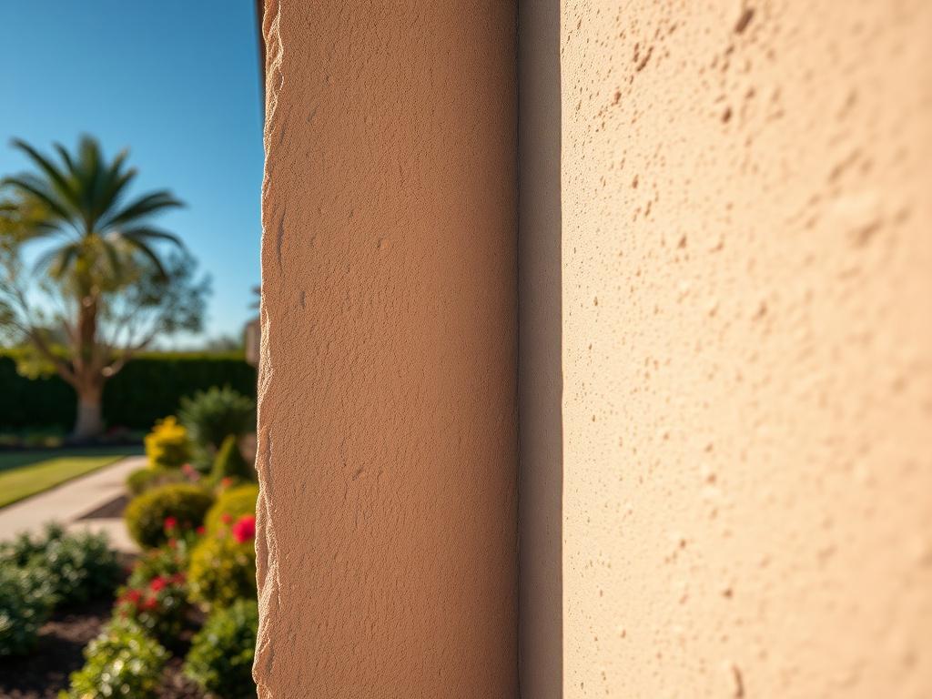 A close-up shot of an exterior wall displaying a durable and weather-resistant plaster finish. The image highlights the rich texture and color of the plaster, with the sun casting shadows that reveal the intricate details of the surface. The background shows a well-maintained garden and a clear blue sky, emphasizing the beauty of the home’s exterior. This shot illustrates the effective use of plastering in enhancing curb appeal.