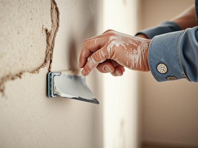 **Prompt for AI Image Generation:**

Create a highly detailed, realistic high-resolution photo showcasing the importance of quality plastering. The composition should feature a single subject: a close-up shot of a skilled plasterer applying smooth plaster onto a wall with a trowel. The plasterer's hands should be covered in a fine layer of white plaster, demonstrating meticulous attention to detail and craftsmanship.

In the background, include an interior setting that highlights freshly plastered walls, showcasing a contrast between rough edges and the smooth, even surface being created. Soft, natural light should illuminate the scene, casting gentle shadows that accentuate the texture of the plaster and the character of the space. 

The color palette should evoke a sense of warmth and professionalism, with earthy tones from the wall and plaster merging harmoniously, and hints of the primary color rgb(1, 41, 92) subtly included in the tools or clothing of the plasterer. The focus should be sharp, bringing attention to the precision of the plastering work, while the background remains slightly blurred to ensure clarity and simplicity.

Overall, the image should convey the message that high-quality plastering is crucial for a well-finished home, emphasizing expertise and the transformation that skilled workmanship can bring to living spaces.