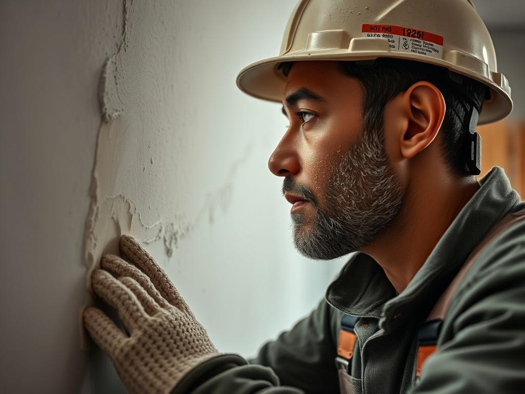 A close-up shot of a skilled plastering professional applying a smooth layer of plaster on a wall. The background shows a well-lit construction site with tools neatly arranged. The focus is on the craftsman's hands, showcasing precision and expertise in plastering work. The image should convey a sense of professionalism and quality craftsmanship.