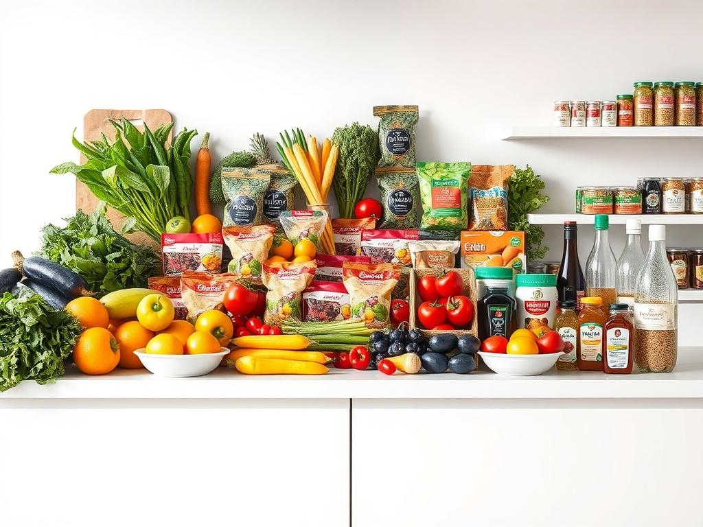 A realistic high-resolution photo showcasing a selection of fresh fruits and vegetables, packaged foods, and beverages from Monoprix, arranged neatly on a clean, bright countertop. The background should be minimalistic with soft lighting to emphasize the freshness and variety of the products.