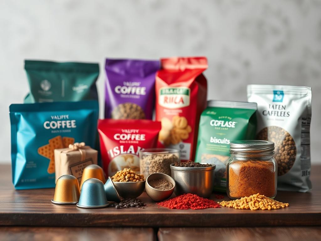 A high-resolution photo of a vibrant and colorful display of various grocery items like coffee capsules, loose teas, assorted biscuits, and spices. The image should be minimalistic, featuring a clean layout with bold colors. The focus should be on the essential elements of the grocery items arranged neatly on a wooden table, with a soft blurred background to highlight the products.