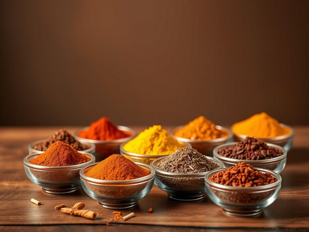 A realistic high-resolution photo of a variety of Indian spices in vibrant colors, displayed in small bowls on a wooden surface. The background should be minimalistic and warm to enhance the colors of the spices.