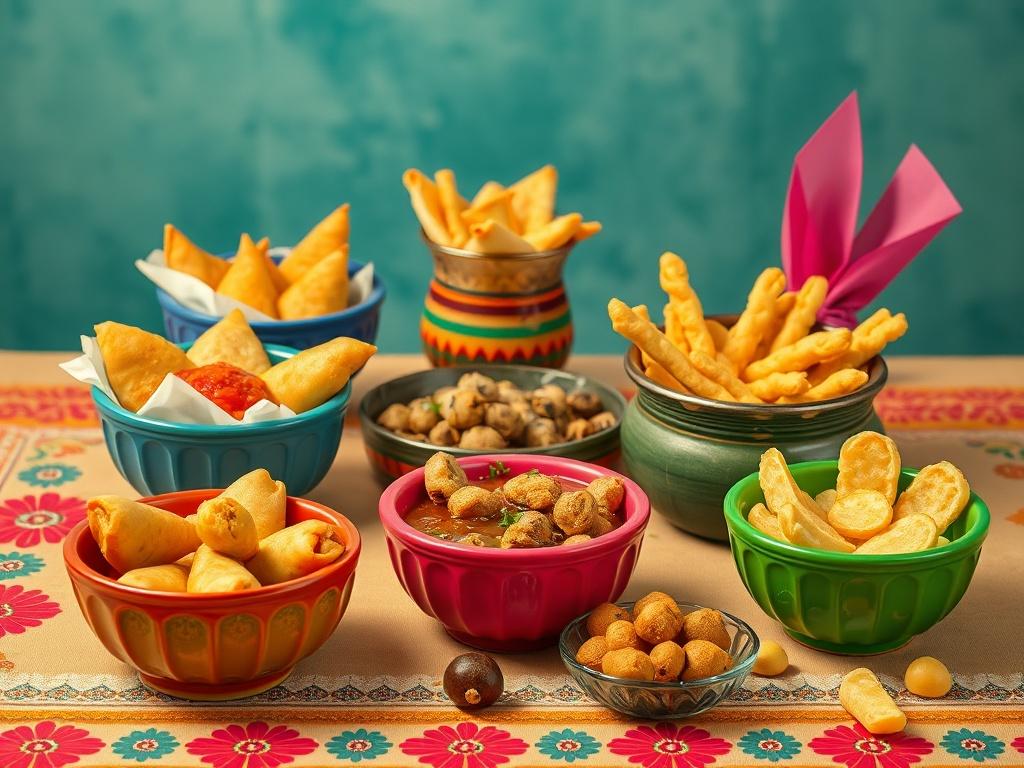 A vibrant high-resolution photo of assorted Indian snacks in colorful bowls, including samosas, chaklis, and sweet treats, arranged on a decorative tablecloth. The image should evoke a festive atmosphere.