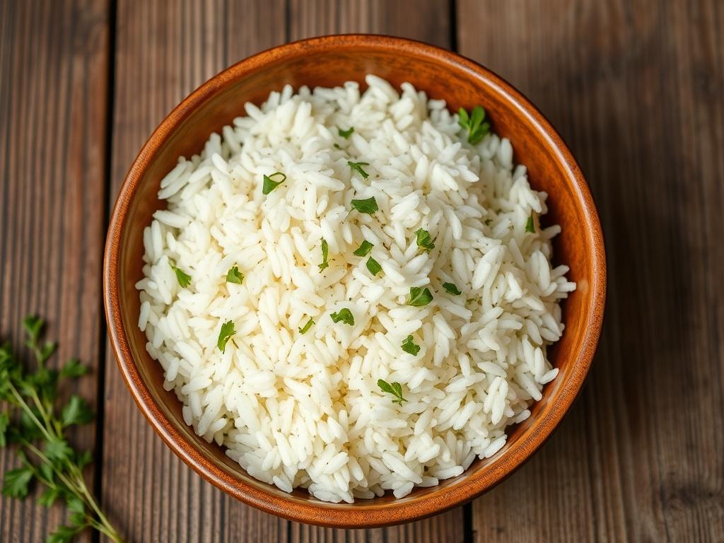 A high-resolution photo showcasing a beautiful bowl of cooked basmati rice, fluffy and white, garnished with fresh herbs, set against a rustic wooden background. The image should convey warmth and comfort.