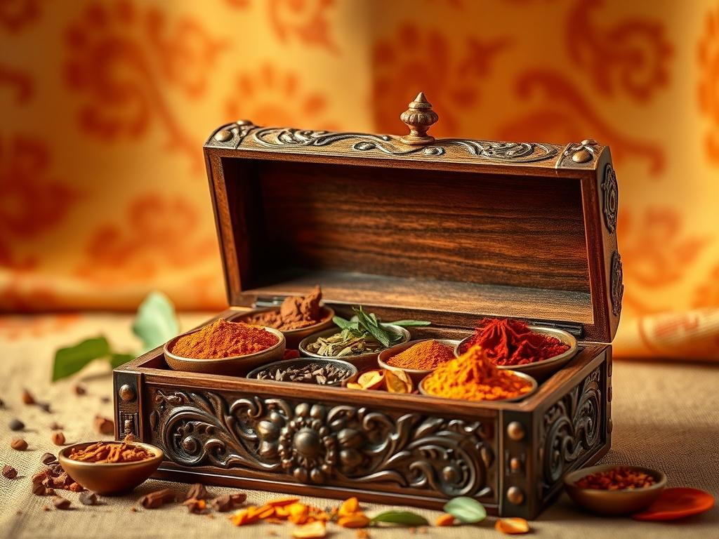 Create a realistic high-resolution image that embodies the essence of Indian spices and their transformative effect on culinary experiences. The composition should be simple and clear, featuring a single, striking subject: an ornate wooden spice box opened to reveal a vibrant array of spices. 

Focus on the rich colors and textures of the spices, showcasing hues of deep reds, golden yellows, earthy browns, and bright greens. Each spice should be presented in small, intricately designed bowls or compartments