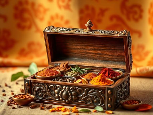 Create a realistic high-resolution image that embodies the essence of Indian spices and their transformative effect on culinary experiences. The composition should be simple and clear, featuring a single, striking subject: an ornate wooden spice box opened to reveal a vibrant array of spices. 

Focus on the rich colors and textures of the spices, showcasing hues of deep reds, golden yellows, earthy browns, and bright greens. Each spice should be presented in small, intricately designed bowls or compartments