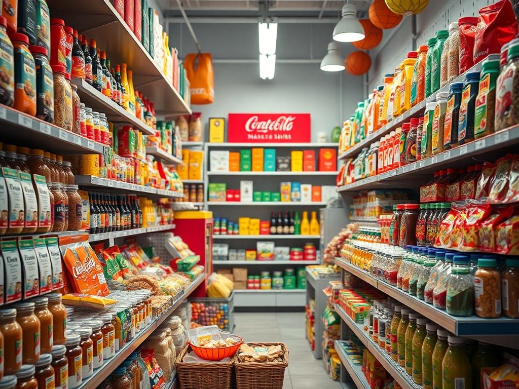 A realistic high-resolution photo showcasing a vibrant marketplace filled with various products. The scene should include a diverse array of items such as spices, snacks, and beverages, neatly arranged on shelves. The background should have subtle hints of an online shopping experience, with a clean and modern aesthetic. The composition should focus on the essential elements, emphasizing the variety and quality of the products available.