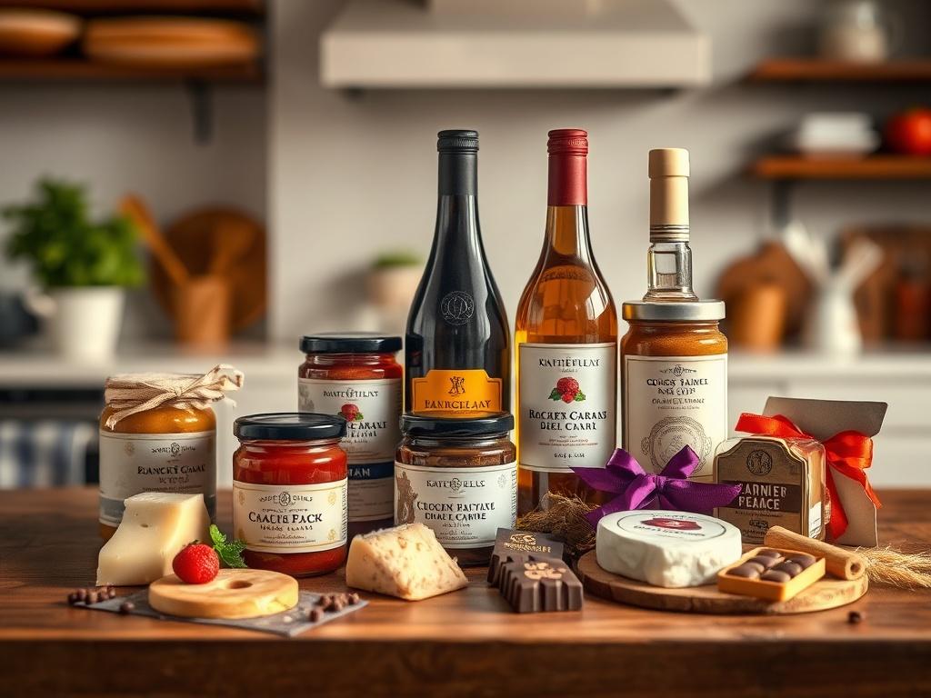A high-resolution photo of a selection of French gourmet food products beautifully arranged on a wooden table. The products include artisanal jams, gourmet cheeses, and handmade chocolates, all labeled with elegant French branding. The background is a soft, blurred kitchen setting that conveys warmth and authenticity, with natural light highlighting the vibrant colors of the products.