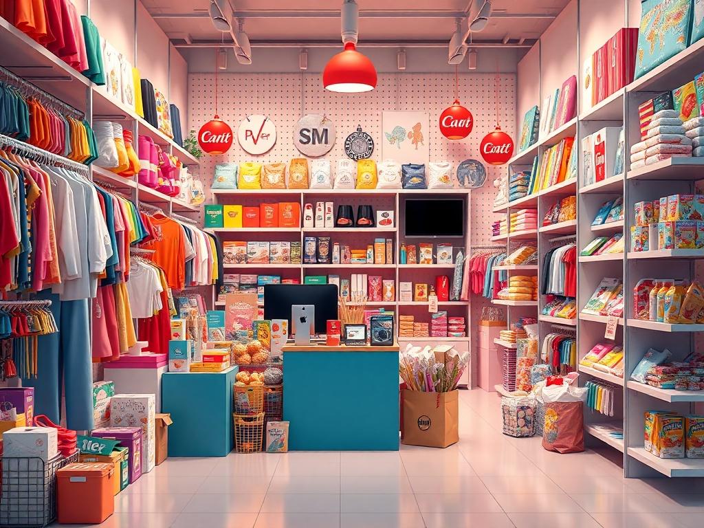 A realistic high-resolution photo of a vibrant and colorful marketplace display showcasing a variety of popular products categorized into fashion, home goods, electronics, toys, beauty, and groceries. The composition should be minimalistic with clean lines, highlighting the diversity and appeal of the products in a visually striking manner. The background should be simple to keep the focus on the products.