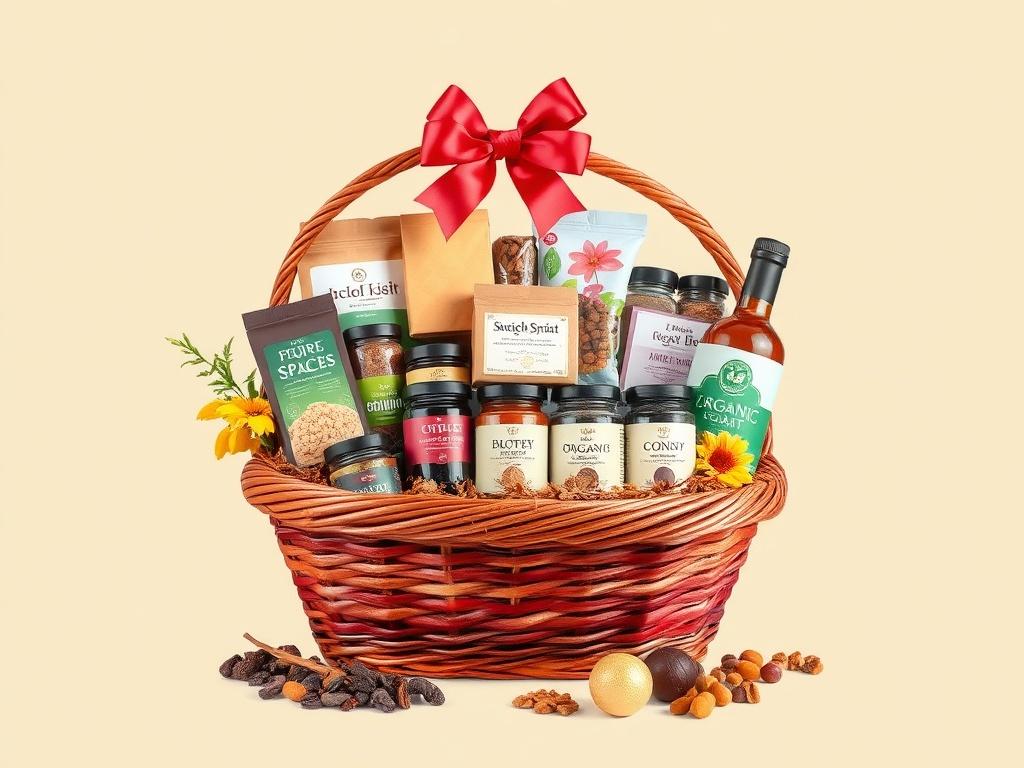A beautifully arranged gourmet gift basket filled with exotic spices, sweet treats, and organic products. The basket should be vibrant and colorful, showcasing the variety of items inside, such as jars of spices, chocolate, and dried fruits. The background should be simple and elegant, enhancing the focus on the basket's contents. Use high-resolution, photorealistic style with clean lines and bold colors.
