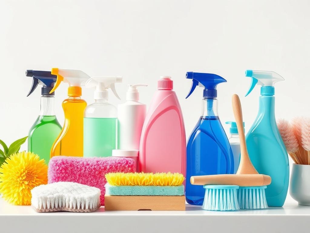 A realistic high-resolution photo of a neatly arranged cleaning products display, including eco-friendly cleaners, sponges, and brushes. The background should be minimalistic and bright, emphasizing the vibrant colors of the products while maintaining a clean and organized appearance.