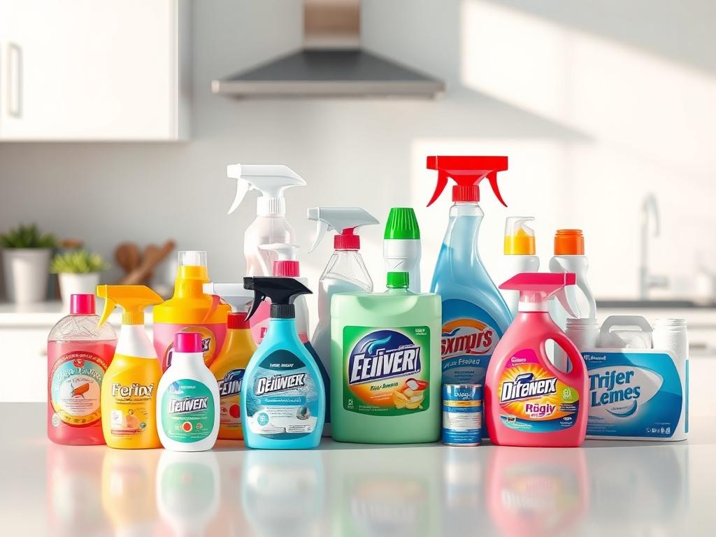 Create a realistic high-resolution image showcasing a neatly arranged selection of various household cleaning products. Include items like moisture absorbers, cleaning sprays, laundry detergent, and paper products, all displayed on a clean, minimalistic kitchen countertop. The background should be softly blurred to emphasize the products, with vibrant colors that attract attention, set against a bright, airy atmosphere.