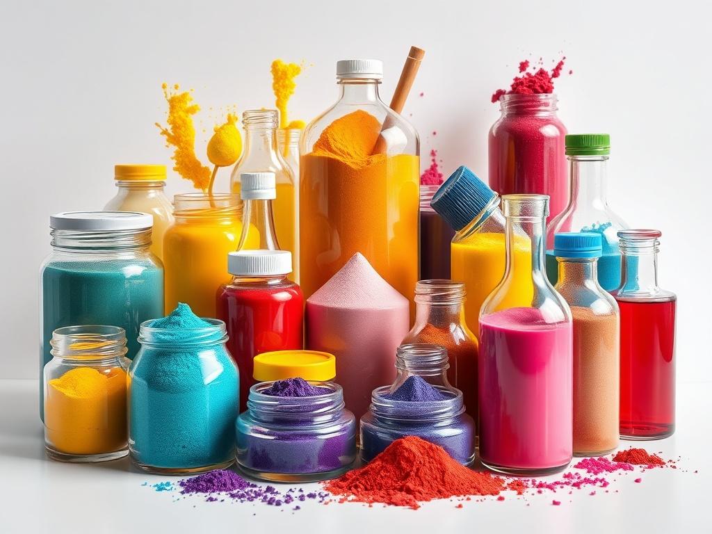 A vibrant and colorful arrangement of various food colorants in powder, gel, and liquid forms, displayed in glass containers. The background is simple and minimalistic, focusing on the vivid colors of the products. The lighting is bright to highlight the colors, with a clean white surface underneath to enhance the visual appeal.