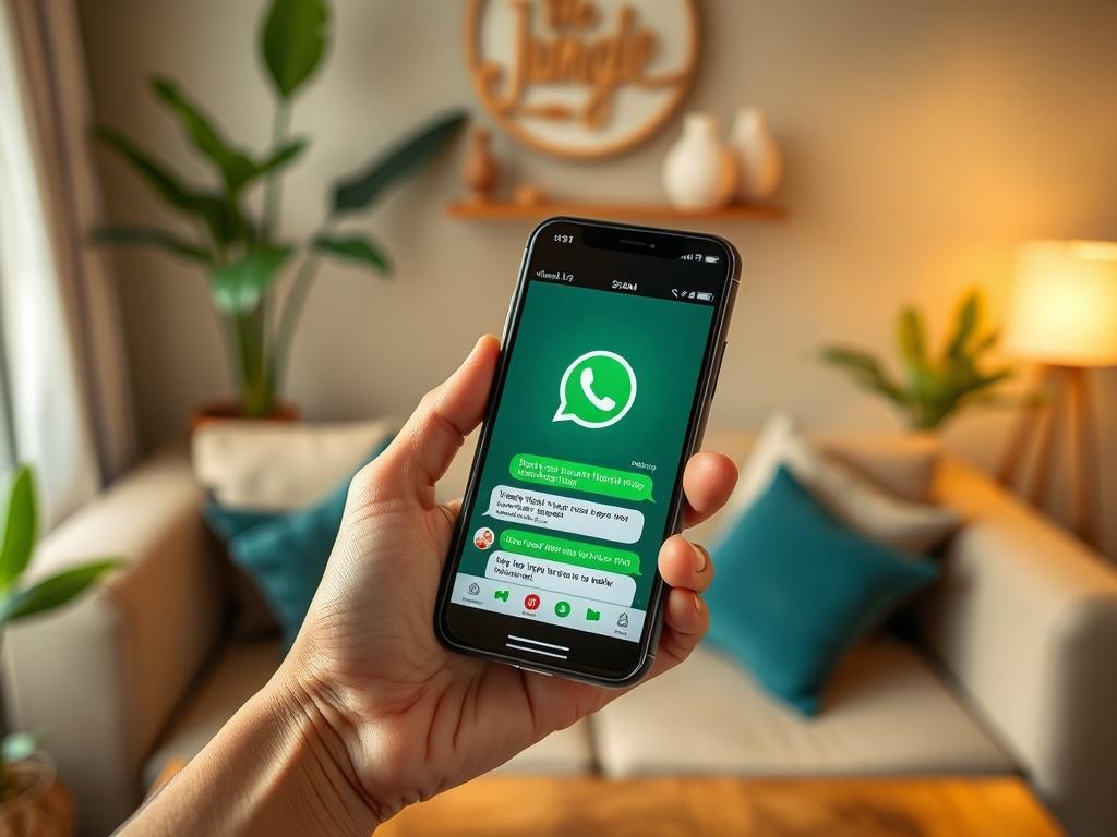 A close-up shot of a smartphone displaying the WhatsApp chat interface, set against a cozy and inviting background that reflects the welcoming atmosphere of Jungle Boutique. The phone is held in one hand, with a slight focus on the screen showing a chat conversation. The background subtly includes elements like a soft sofa, decorative plants, and warm lighting to evoke a sense of comfort and hospitality.