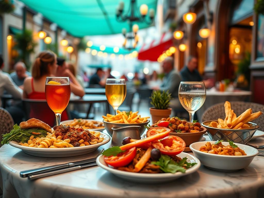 A close-up shot of a beautifully arranged table at a vibrant café in Napoli, featuring colorful dishes of authentic Italian cuisine. The background should show a glimpse of the lively café atmosphere, with patrons enjoying their meals. The focus should be on the table setting, highlighting the delicious food and drinks, captured in high-resolution with a 45mm f/1.2 lens style.