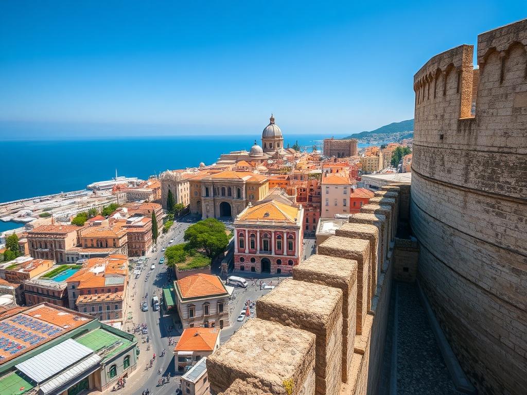 A picturesque view of Naples from Castel Sant'Elmo, showcasing the vibrant architecture and bustling streets below. The foreground features the castle with its ancient stone walls, while the background reveals the colorful buildings and the blue Mediterranean Sea. The sky is bright and clear, enhancing the lively atmosphere of the city. The composition is focused and clear, capturing the essence of Naples as a must-visit destination.