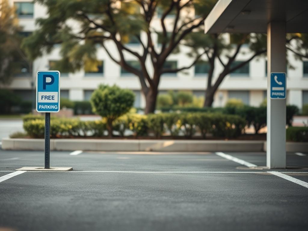 A realistic high-resolution photo of a well-maintained parking area with clear signage indicating free and paid parking options. The image should focus on a single parking space with a serene backdrop, possibly including trees or a building in soft focus. The lighting should be natural, emphasizing the welcoming nature of the parking area. The composition should be clean and simple, showcasing the parking area in a tranquil urban setting.