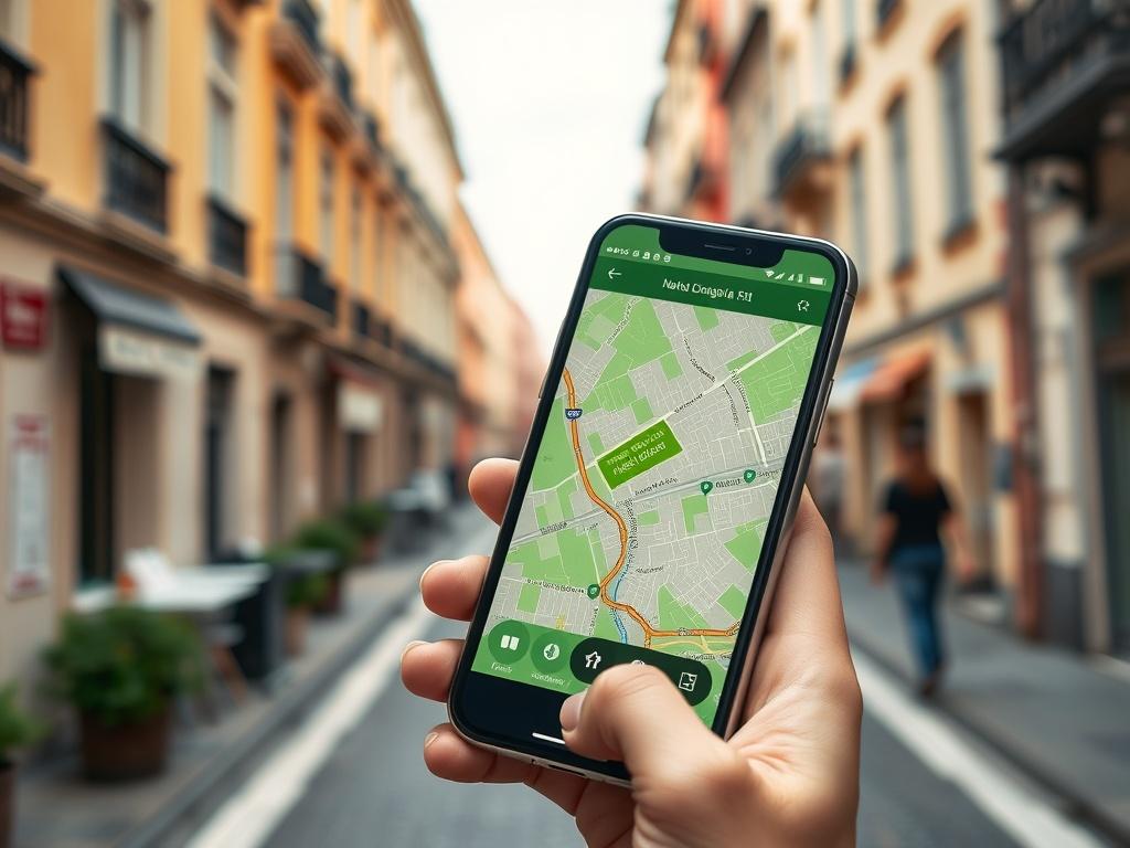 A close-up shot of an interactive map displayed on a smartphone, with a vibrant green color scheme that matches the primary color #1C6220. The background should be a soft, blurred representation of a city street in Napoli, conveying a sense of navigation and exploration. The smartphone should be the only subject in the image, held by a hand, focused on the map interface.