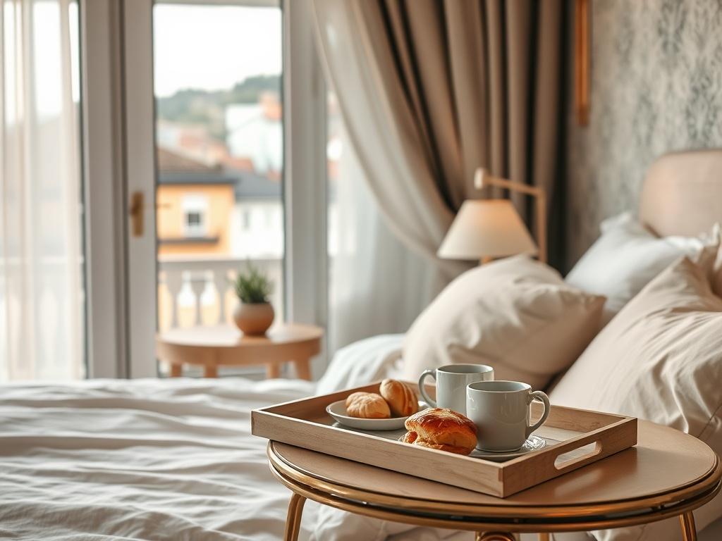 An inviting scene showcasing a serene retreat setup, featuring a cozy bedroom with soft bedding and calming decor. A breakfast tray with fresh pastries and coffee sits on a bedside table, with a window view showing the scenic Vomero neighborhood. The lighting is warm and inviting.